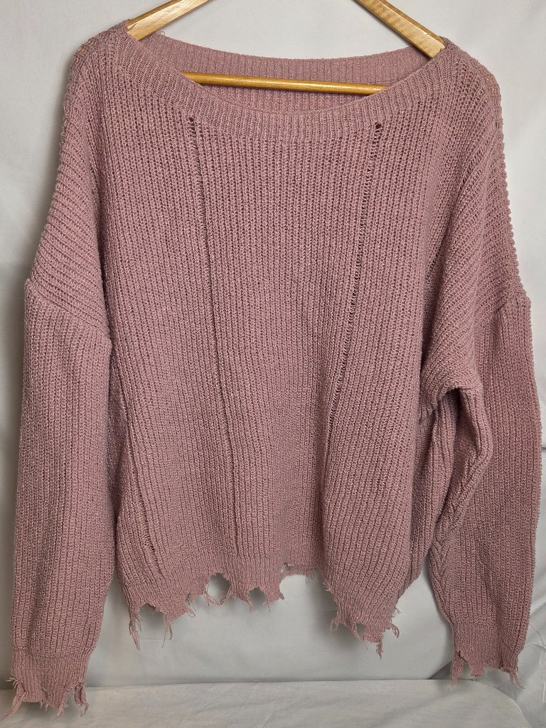 Emery Rose Women's Large Pink Distressed Knit Pullover Sweater Oversized Rip Hem
